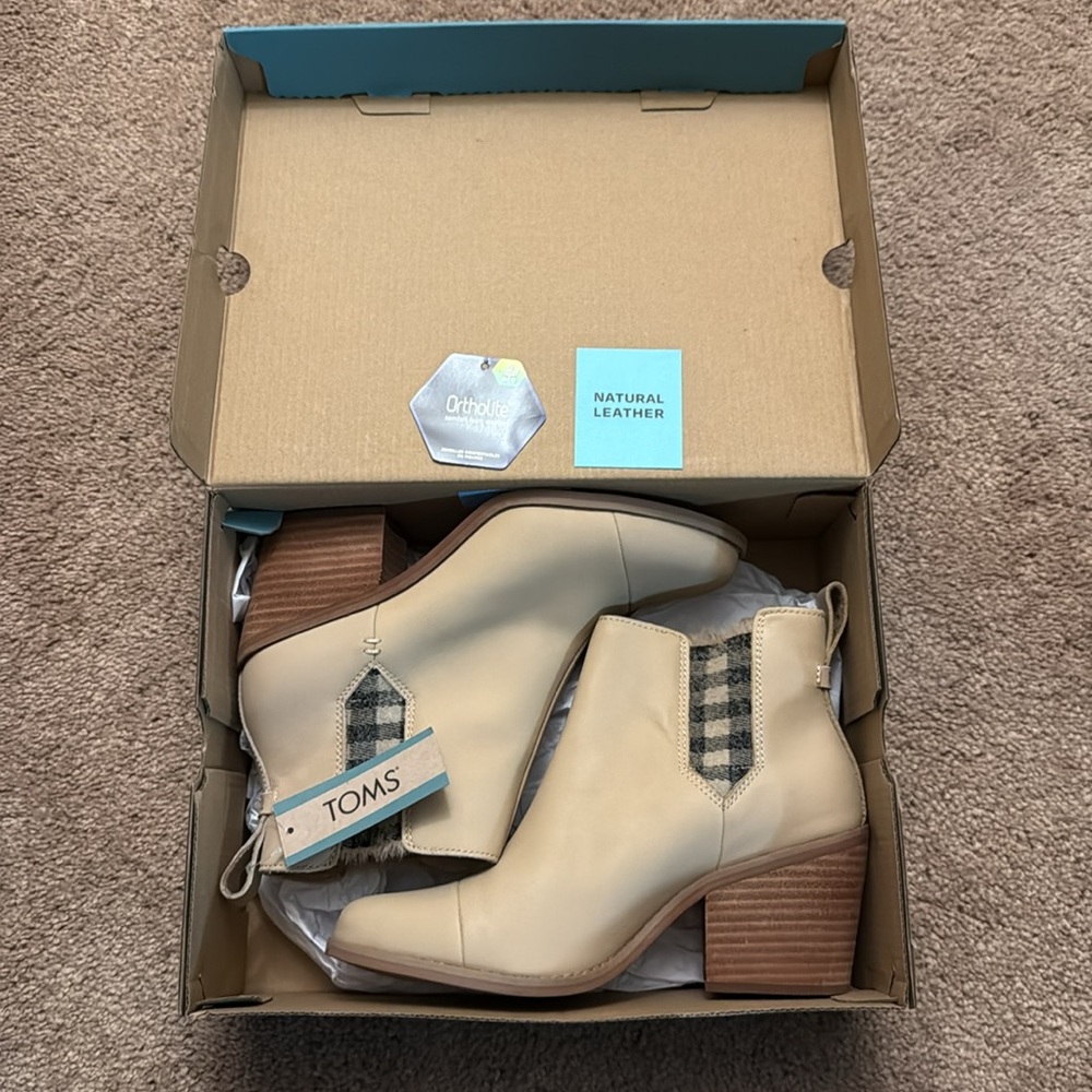 Toms Everly Sand Leather and Plaid Heeled Ankle Boot Women’s 6.5 NWT - Picture 9 of 12